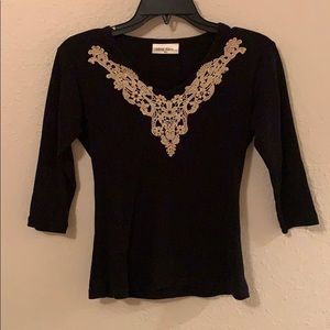 Black 3/4 sleeve top with tan lace detail